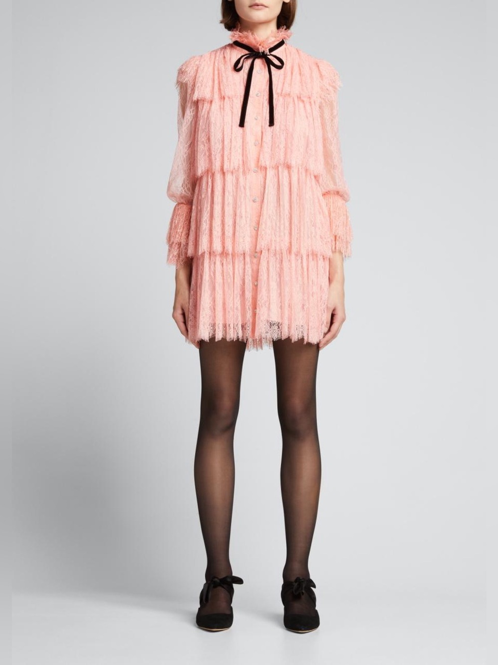 Alice + Olivia Sheer Tiered Lace Mini Dress in Blush Pink with Black Velvet Bow - Picture 6 of 13